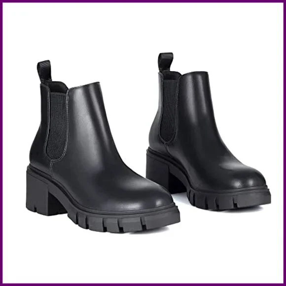 Women's Chelsea Boots Lug Sole Chunky Heel Slip On Elastic Ankle Booties